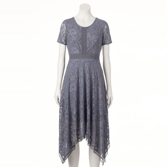 LC LAUREN CONRAD Gray Lace Asymmetrical Midi Lined Fit & Flare Dress 8 - Picture 1 of 7